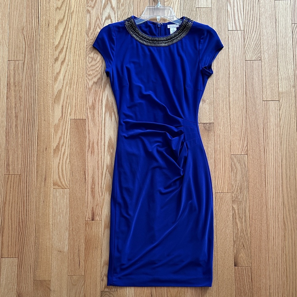 Cache Royal Blue Embellished Neck Cap-Sleeve Mini Dress